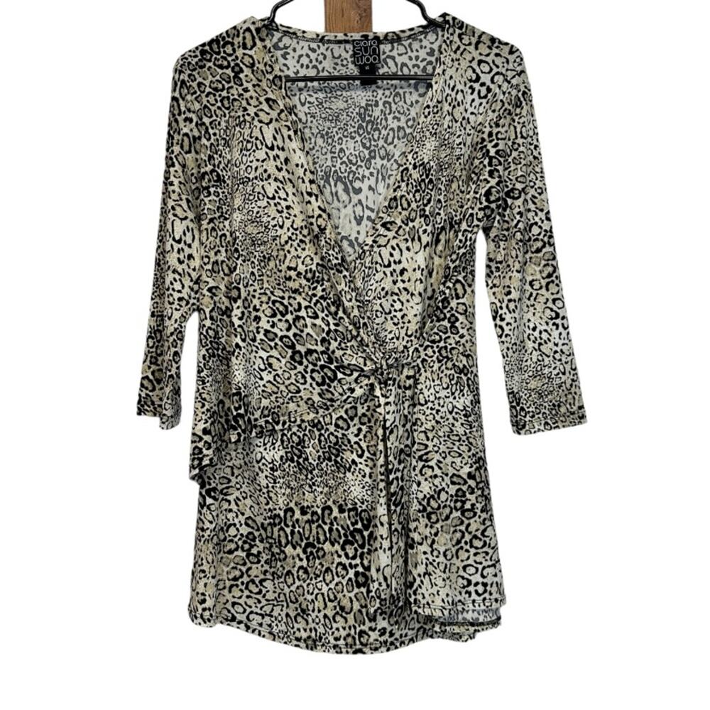 Clara Sun Wool Tan & Black Cheetah Print Faux Wrap Top Size XS